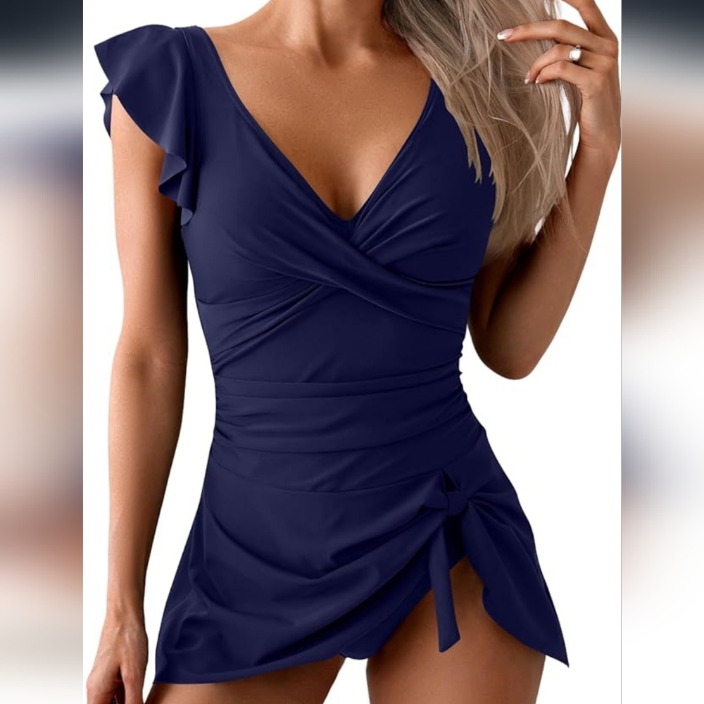 Elegant Navy Blue Ruffle Swimsuit